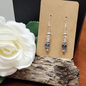 Dangle Earrings With AB Beads, Blue Cat's Eye Bead & Silver Toned Accents